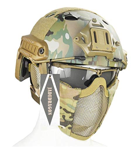 Jadedragon PJ Tactical Fast Helmet & Protect Ear Foldable Double Straps Half Face Mesh Mask & Goggle (CP)