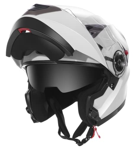 Motorcycle Modular Full Face Helmet DOT Approved - YEMA YM-925 Motorbike Casco Moto Moped Street Bike Racing Helmet with Sun Visor for Adult,Youth Men and Women - White,L