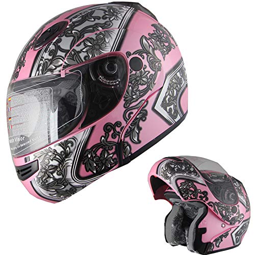 X4 Motorcycle Helmet Adult DOT Modular Flip up Full Face Sports Bike Snowmobile Helmet with Anti Fog Shield (138 Pink, M)